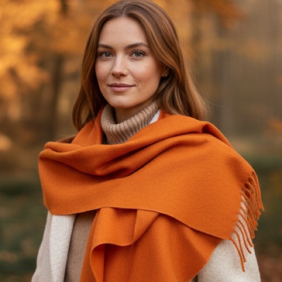 Certified 100%Cashmere Pashmina Nepal Lux WinterScarf Orange Fringe Handmade NWT